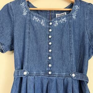 ERIKA & CO Denim Midi Dress – Embroidered, Button Front, Short Sleeve, M